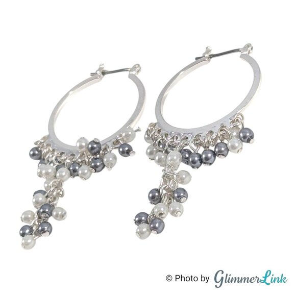 Faux Pearl Chandelier Silver Tone Dangle Lever Back Pierced Hoop Earrings - Picture 4 of 10